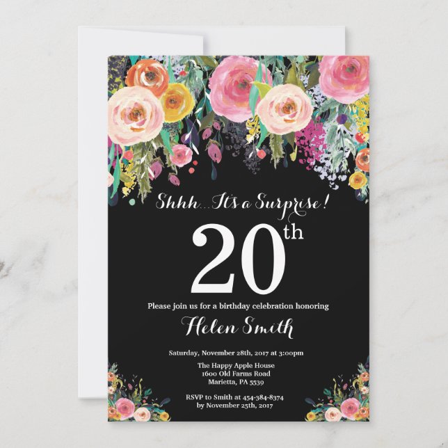Invitación de cumpleaños 20 con sorpresa floral (Anverso)