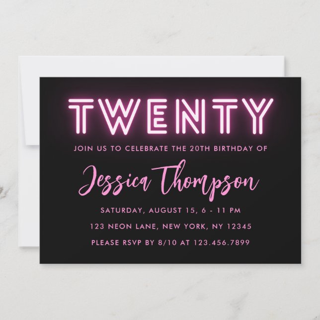 Invitación de cumpleaños 20 de Neon Pink (Anverso)