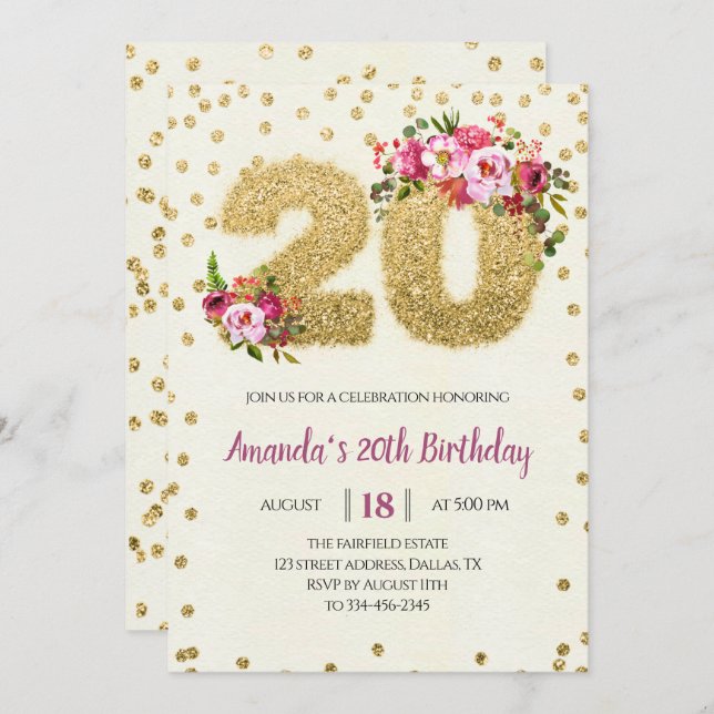 Invitación de cumpleaños 20 de Purpurina de oro Ru (Anverso / Reverso)