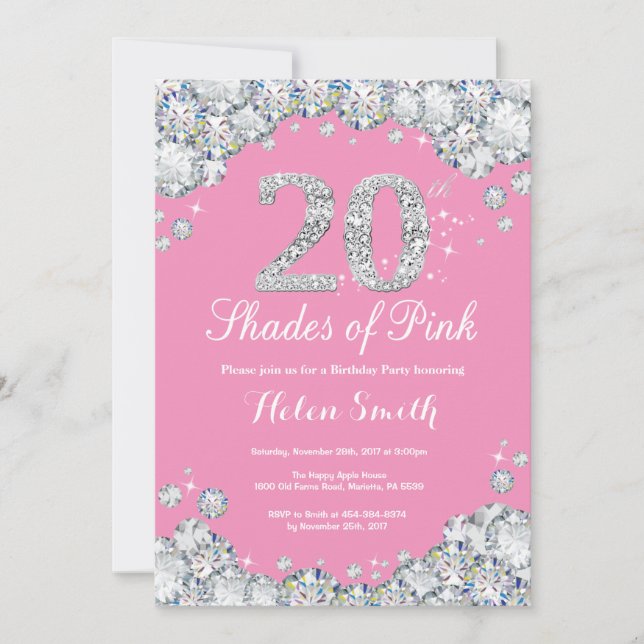 Invitación de cumpleaños 20 Diamante rosado y plat (Anverso)