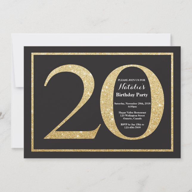 Invitación de cumpleaños 20 dorado con tiza (Anverso)