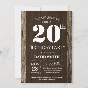 Invitación de cumpleaños 20 en rústica Madera de é
