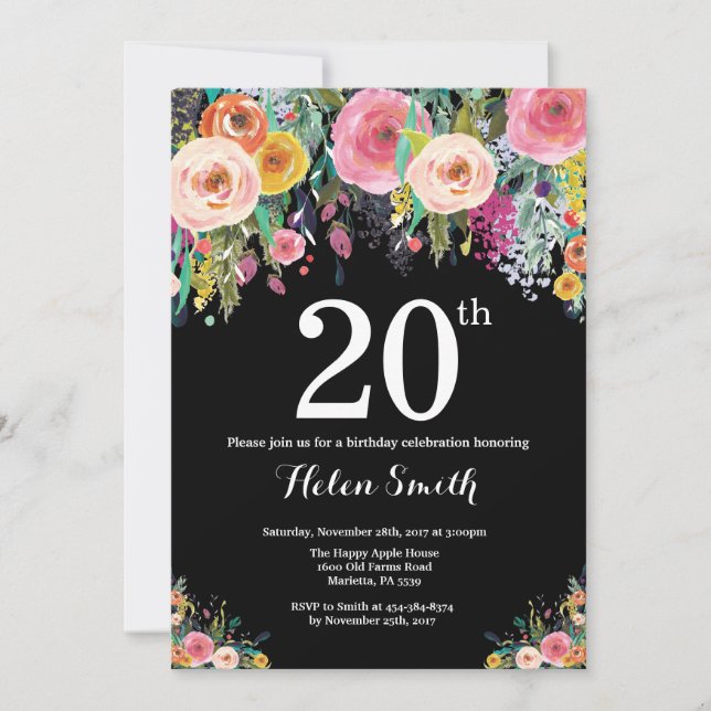 Invitación de cumpleaños 20 floral (Anverso)