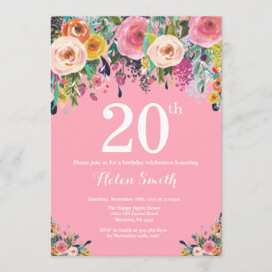 Invitación de cumpleaños 20 Floral Rosa