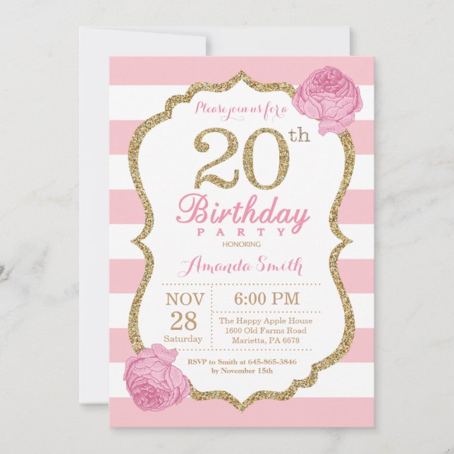 Invitación de cumpleaños 20 Floral rosa y dorada (Anverso)