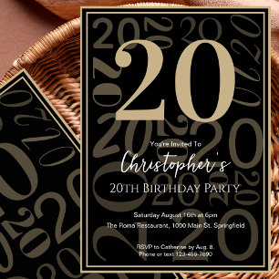 Invitación de cumpleaños 20 moderno para él en neg
