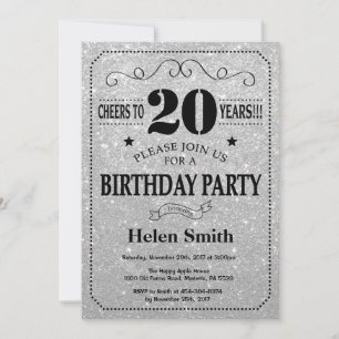 Invitación de cumpleaños 20 negro y brillo platead