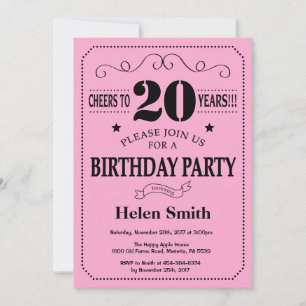 Invitación de cumpleaños 20 negro y rosa