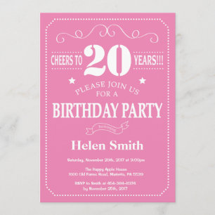 Invitación de cumpleaños 20: rosa y blanco
