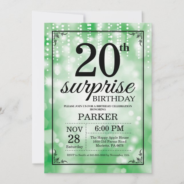 Invitación de cumpleaños 20 sorpresa con brillo ve (Anverso)
