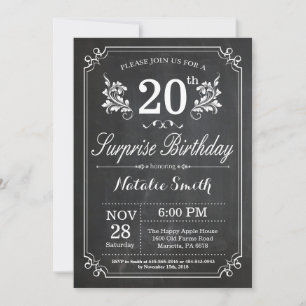 Invitación de cumpleaños 20 sorpresa en pizarra