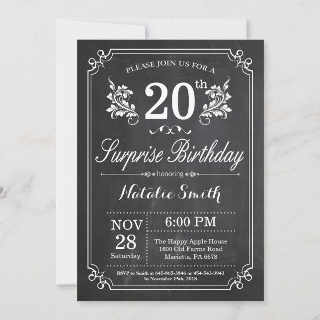 Invitación de cumpleaños 20 sorpresa en pizarra (Anverso)