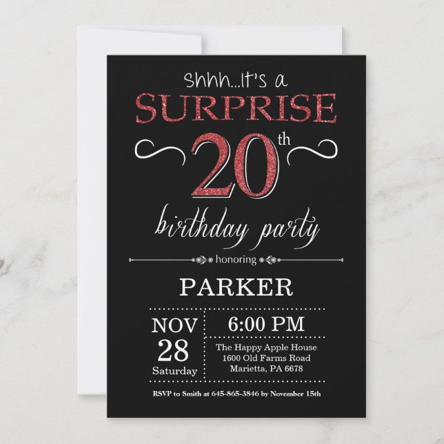 Invitación de cumpleaños 20 sorpresa negro y rojo (Anverso)