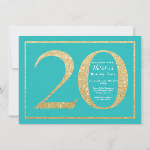 Invitación de cumpleaños 20 Teal y brillo dorado