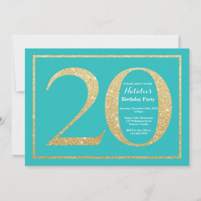 Invitación de cumpleaños 20 Teal y brillo dorado (Anverso)