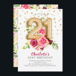 Invitación de cumpleaños 21ª a Relieve metalizado<br><div class="desc">Hermoso color rosa con globos de Relieve metalizado numérico adornados con confeti dorado.  Vea nuestro respaldo floral correspondiente para un toque especial.</div>