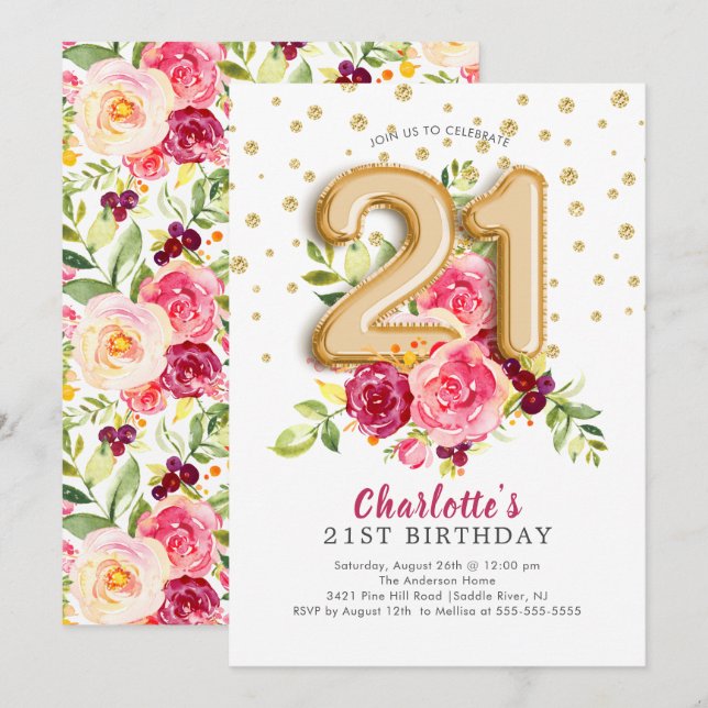 Invitación de cumpleaños 21ª con globo Relieve met (Anverso / Reverso)