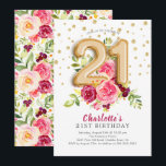 Invitación de cumpleaños 21ª con globo Relieve met<br><div class="desc">Hermosa floral rosa con globos de Relieve metalizado numérico adornados con confeti dorado. Vea nuestro respaldo floral correspondiente para un toque especial.</div>