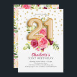 Invitación de cumpleaños 21ª con globo Relieve met<br><div class="desc">Hermosa floral rosa con globos de Relieve metalizado numérico adornados con confeti dorado. Vea nuestro respaldo floral correspondiente para un toque especial.</div>