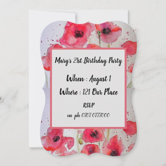 Invitación de cumpleaños 21ª de Red Poppy Poppies  (Anverso)