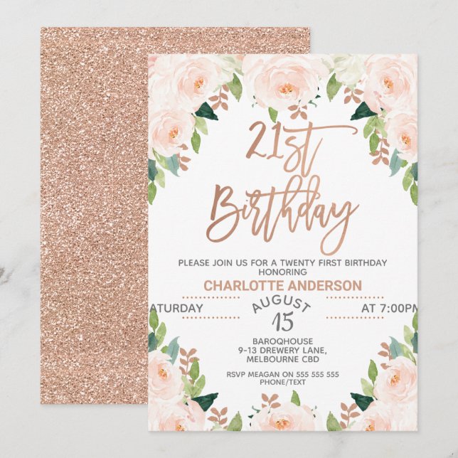 Invitación de cumpleaños 21ª floral de oro Rosa (Anverso / Reverso)