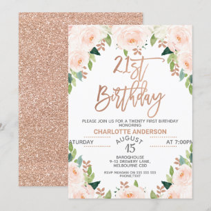 Invitación de cumpleaños 21ª floral de oro Rosa