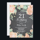 Invitación de cumpleaños 21ª Floral de Peach botán<br><div class="desc">Invitación de cumpleaños número 21 de la Enfermería Botánica. Invitación de cumpleaños para mujeres a los pueblos rosados florales. Flor floral acuarela. Elegante rosa rosa y flores de peón. Cumpleaños de adultos. Fondo del tablero. Blanco y negro. 13.º 15.º 16.º 18.º 20.21.30.40.º 50.60.70.80.90.100, Cualquier Edad. Para una mayor personalización, haga...</div>