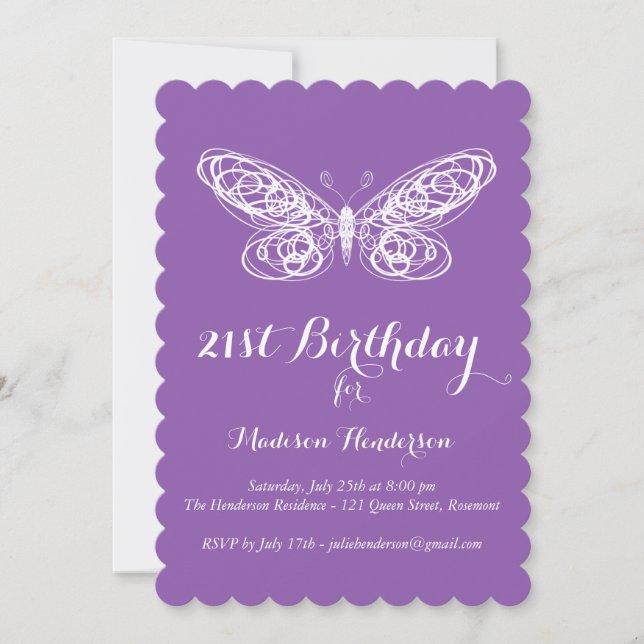 Invitación de cumpleaños 21ª mariposa morada (Anverso)