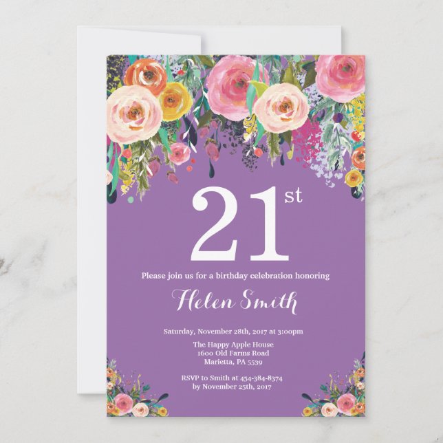 Invitación de cumpleaños 21ª Morada Floral (Anverso)