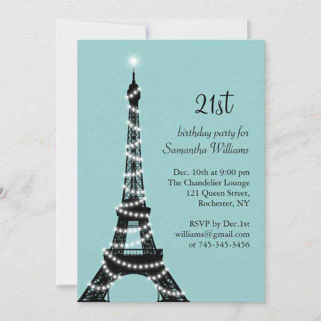 Invitación de cumpleaños 21ª parisina turquesa (Anverso)