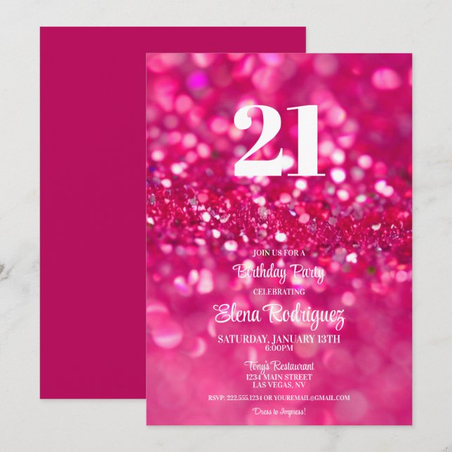 Invitación de cumpleaños 21ª Purpurina rosa calien (Anverso / Reverso)