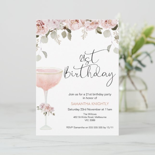 Invitación de cumpleaños 21 a Boho Rubor Floral Gl (Anverso de pie)