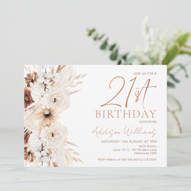 Invitación de cumpleaños 21 a Brown Beige Boho Flo (Anverso de pie)