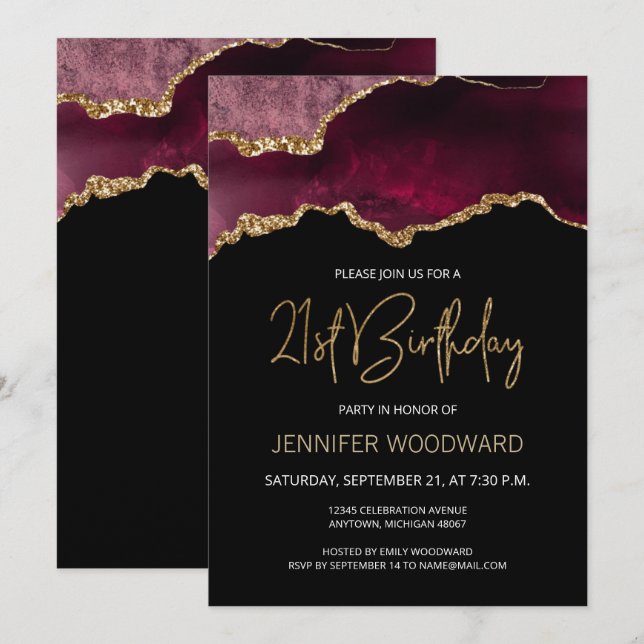 Invitación de cumpleaños 21 a Burgundy Gold Agate (Anverso / Reverso)