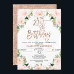 Invitación de cumpleaños 21 a la floral de oro Ros<br><div class="desc">Invitación de cumpleaños 21 a la floral de oro Rosa Faux rosa de oro y floral 21 cumpleaños invitación a un chica con un falso rosa de caligrafía de oro y arreglos florales de color rosa pálido y verde. Este diseño tiene un ligero aspecto bohemio. La parte trasera de la...</div>