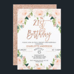 Invitación de cumpleaños 21 a la floral de oro Ros<br><div class="desc">Invitación de cumpleaños 21 a la floral de oro Rosa Faux rosa de oro y floral 21 cumpleaños invitación a un chica con un falso rosa de caligrafía de oro y arreglos florales de color rosa pálido y verde. Este diseño tiene un ligero aspecto bohemio. La parte trasera de la...</div>