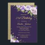 Invitación de cumpleaños 21 a la floral Gold Purpl<br><div class="desc">Más invitaciones florales de cumpleaños en la Pequeña Tienda Bayleigh!</div>