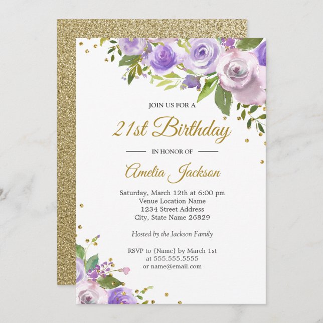 Invitación de cumpleaños 21 a la floral Purple Gol (Anverso / Reverso)