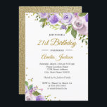 Invitación de cumpleaños 21 a la floral Purple Gol<br><div class="desc">Más invitaciones florales de cumpleaños en la Pequeña Tienda Bayleigh!</div>