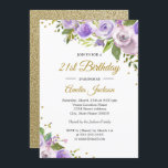 Invitación de cumpleaños 21 a la floral Purple Gol<br><div class="desc">Más invitaciones florales de cumpleaños en la Pequeña Tienda Bayleigh!</div>