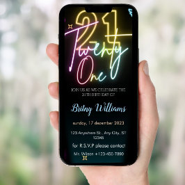 Invitación de cumpleaños 21 a la luz de neón brill