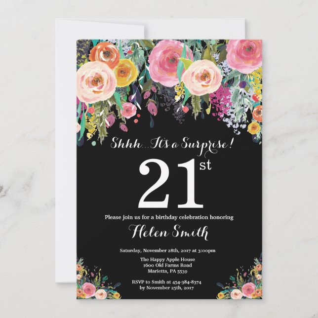 Invitación de cumpleaños 21 a la sorpresa floral (Anverso)