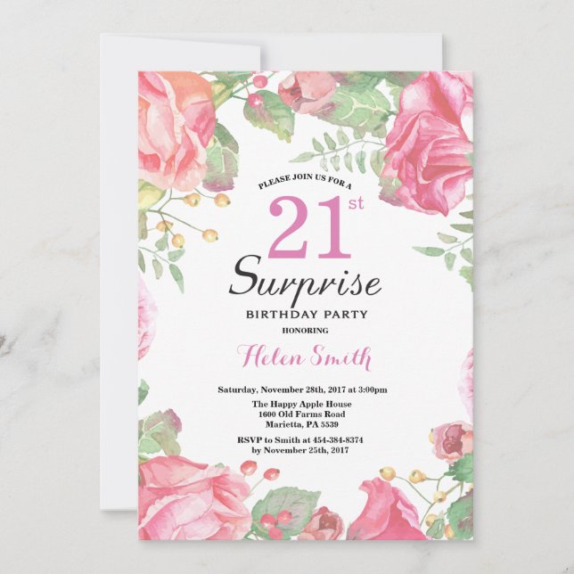 Invitación de cumpleaños 21 a la sorpresa floral b (Anverso)
