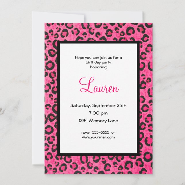 Invitación de cumpleaños 21 a Pink Leopard persona (Anverso)