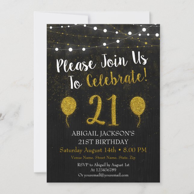 Invitación de cumpleaños 21 a Purpurina Negro y Or (Anverso)