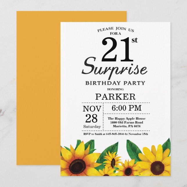 Invitación de cumpleaños 21 a Sunflower Surprise (Anverso / Reverso)