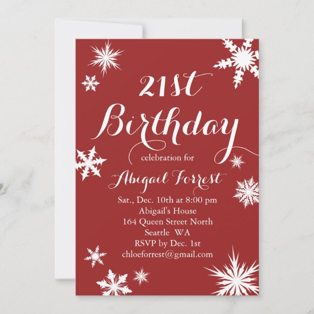 Invitación de cumpleaños 21 al invierno rojo (Anverso)