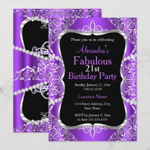 Invitación de cumpleaños 21 años púrpura plata neg