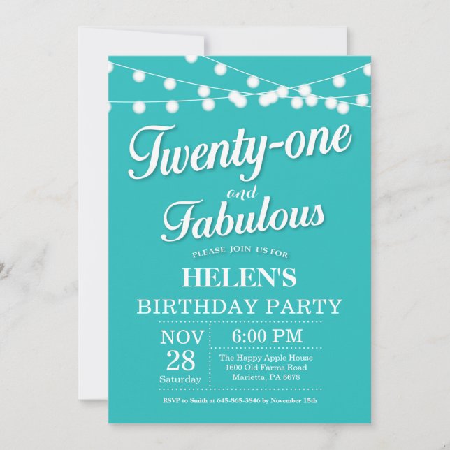 Invitación de cumpleaños 21 Aqua Turquoise Fabulos (Anverso)