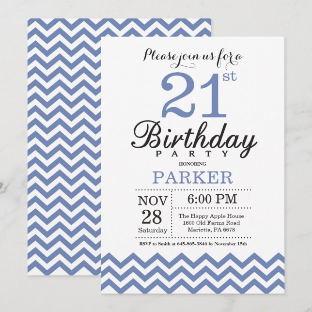 Invitación de cumpleaños 21 azul Chevron (Anverso / Reverso)